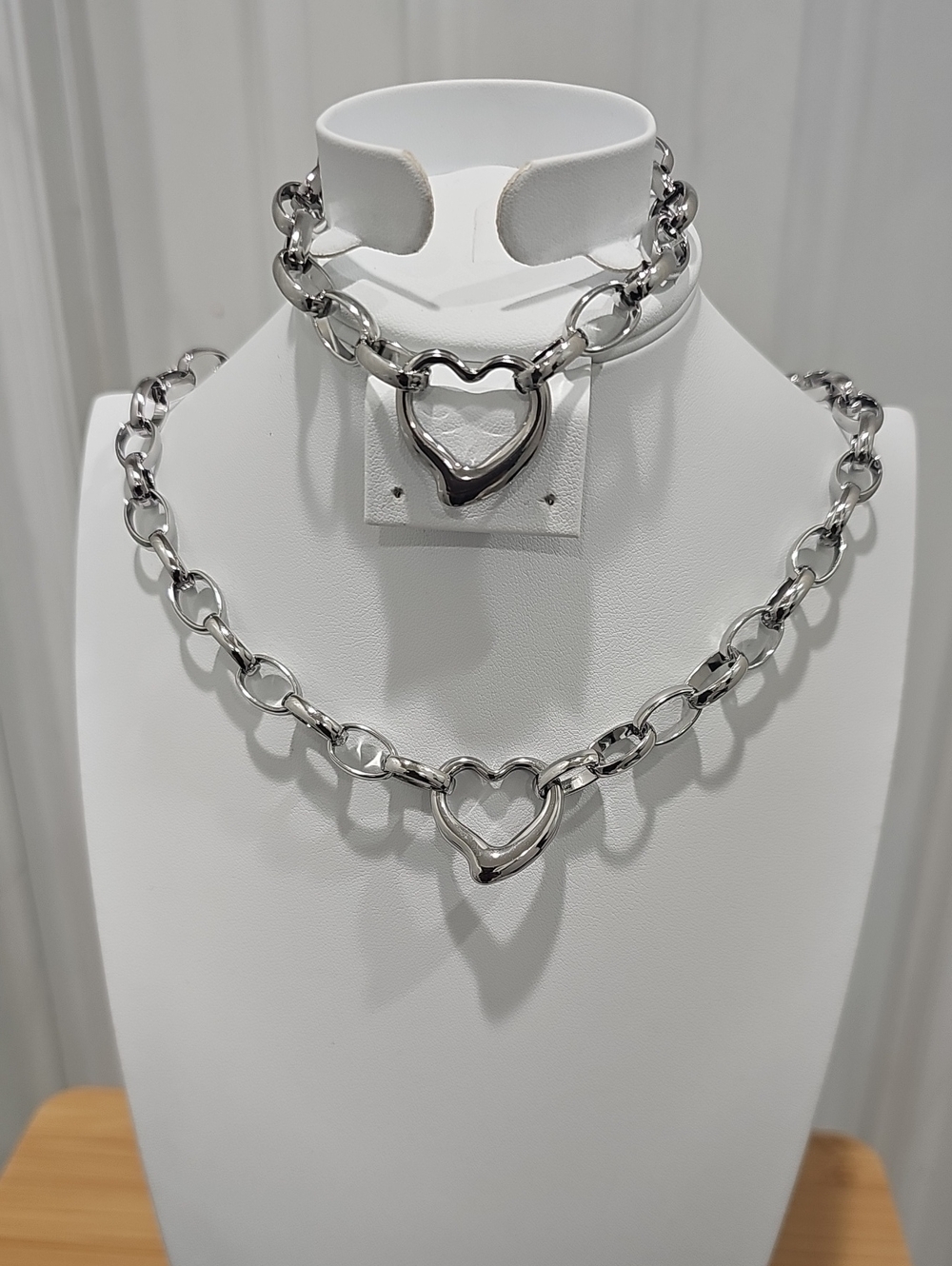 Silver Stainless Steel Heart Link Necklace and Bracelet Set